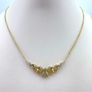 Gold Tone Necklace with Real Diamond Accents • Elegant Floral Bib Design